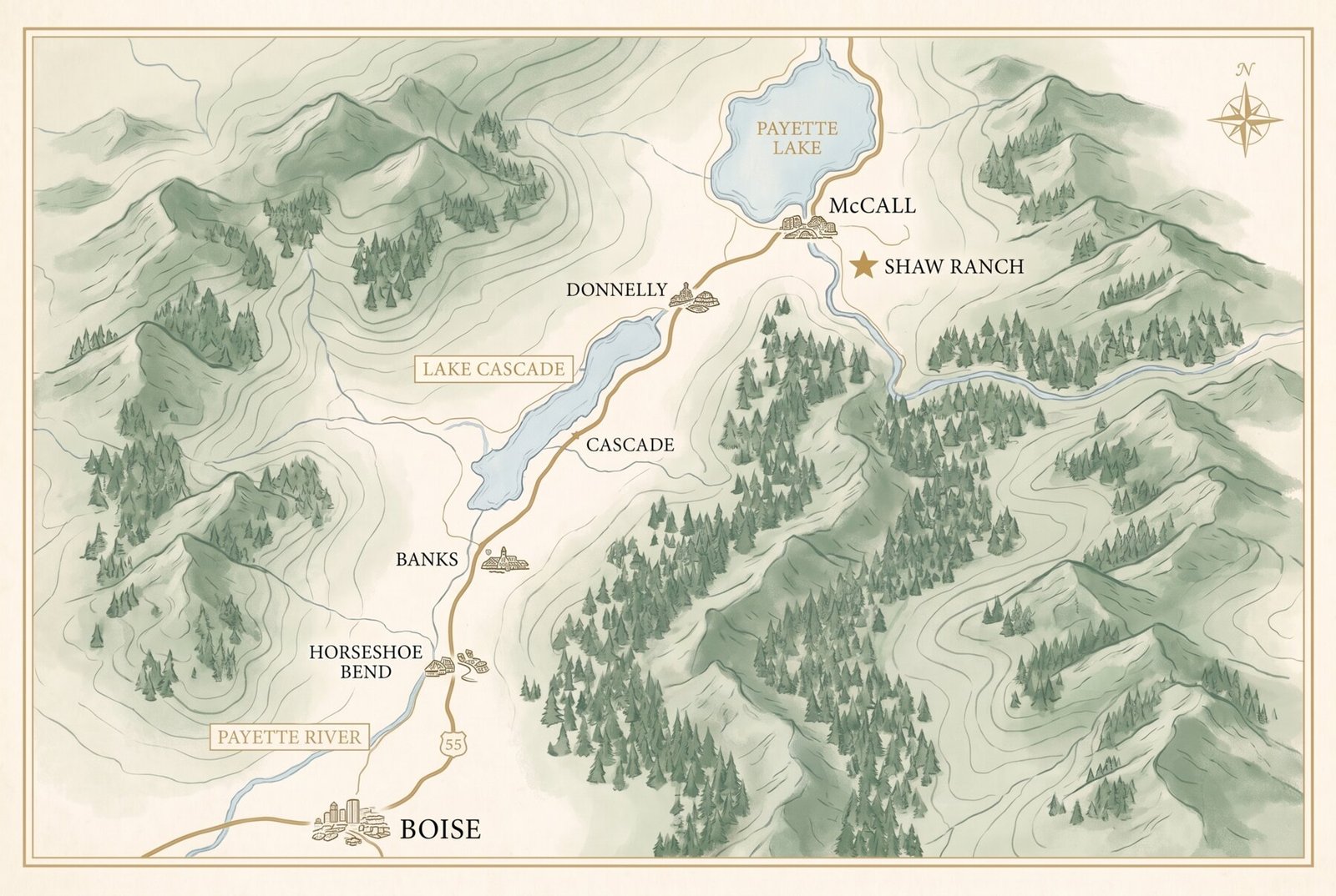 Illustrated map of the route from Boise north on Highway 55 through Horseshoe Bend, Banks, Cascade, and Donnelly to McCall and Shaw Ranch